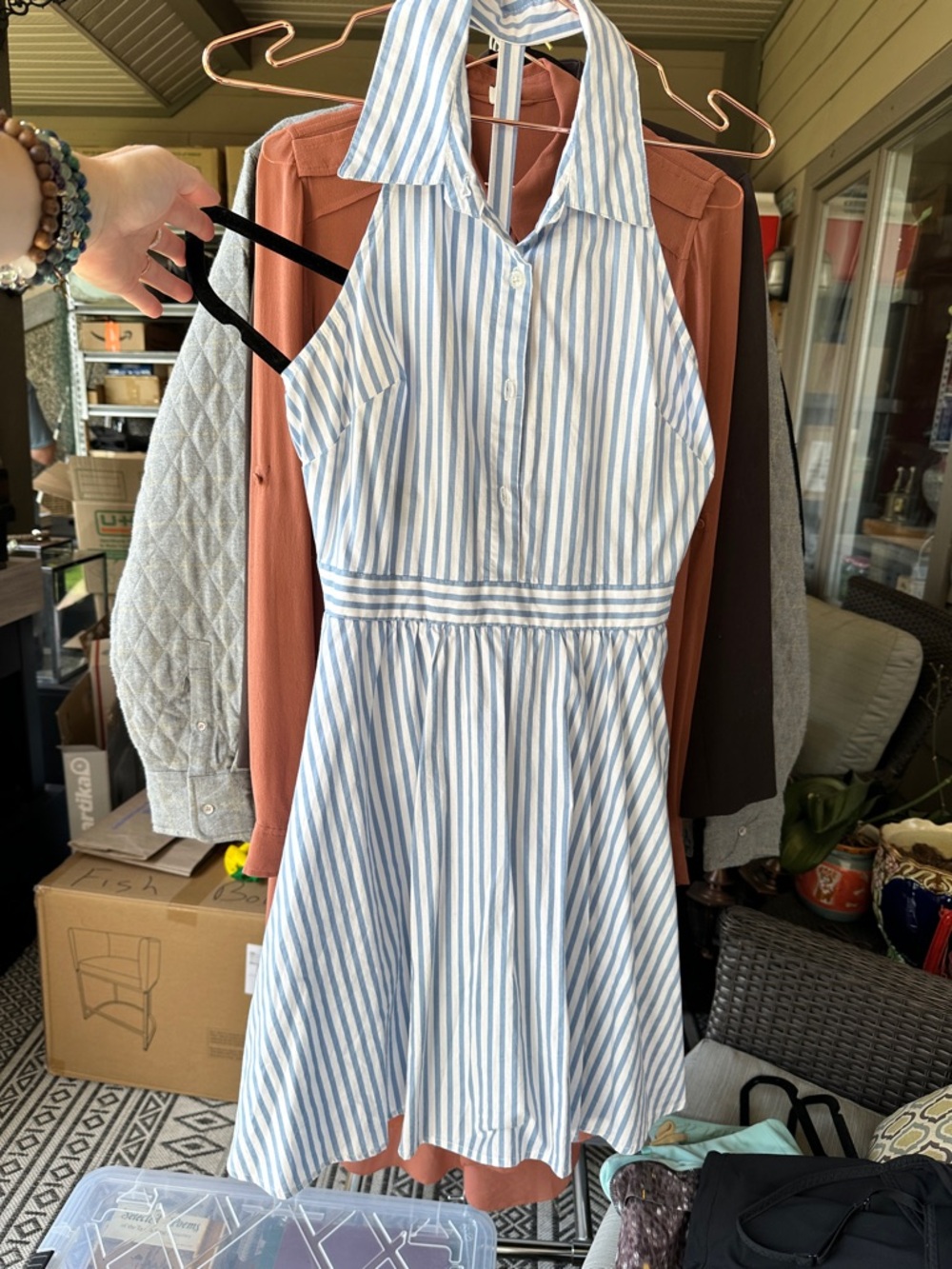 Blue and White Striped Sleeveless Collared Dress Bailey Blue